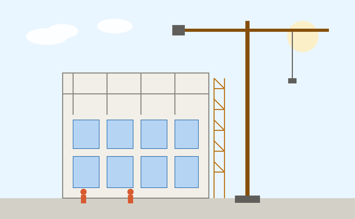 Immeuble en construction avec grue de chantier, échafaudage et structure porteuse apparente — illustration article ICC et coût de la construction MOTEEC